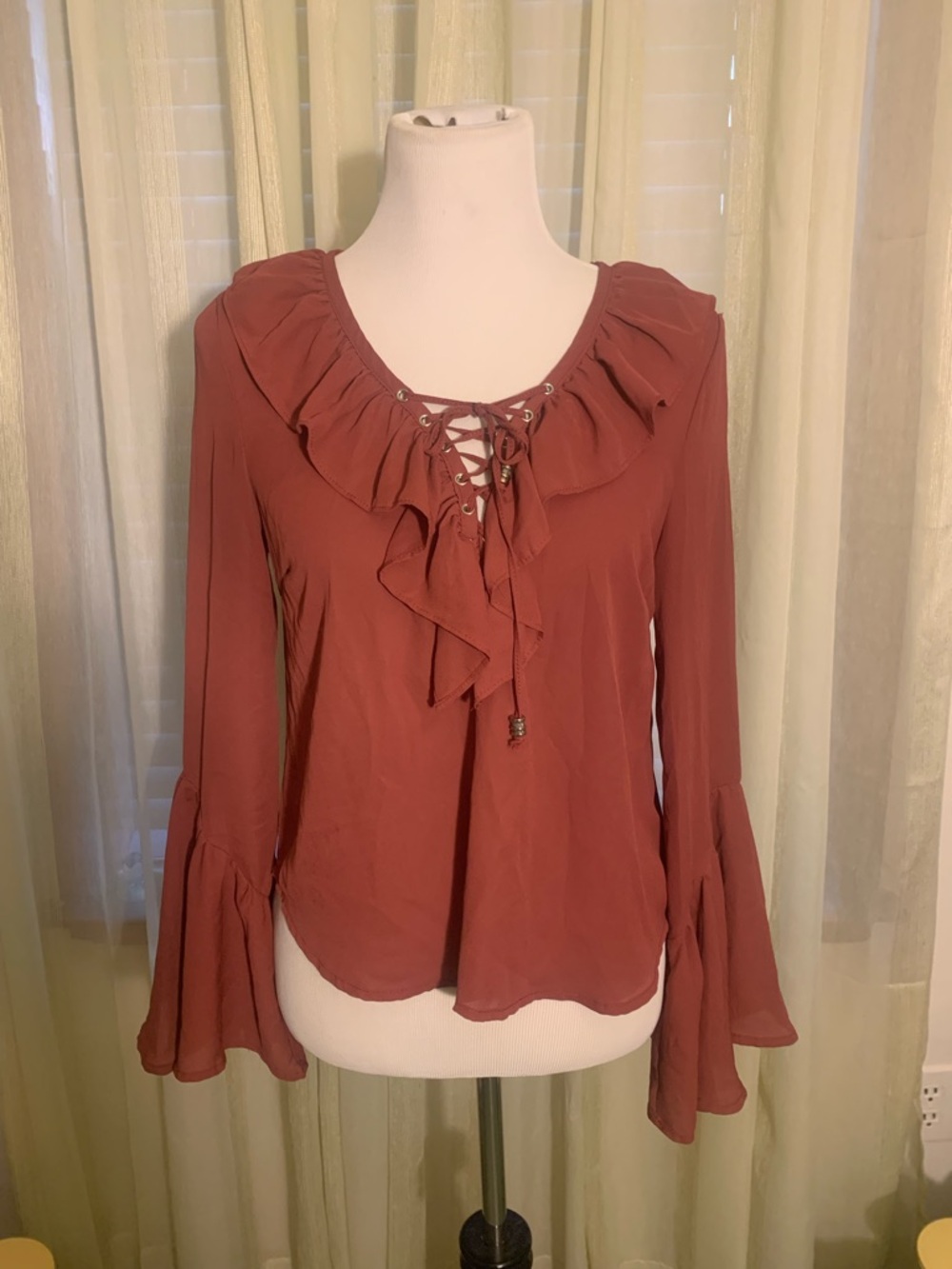 Charlotte Russe Rust Lace-Up Ruffle Bell Sleeve Blouse